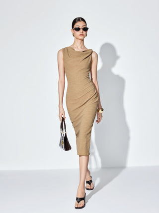 Textured Cowl Neck Bodycon Midi Dress
