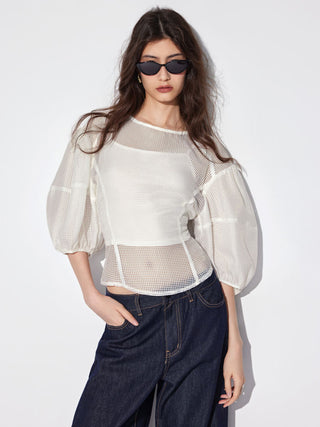 Mesh See-through Puff Sleeve Oversized Blouse