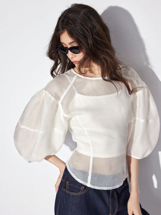 Mesh See-through Puff Sleeve Oversized Blouse