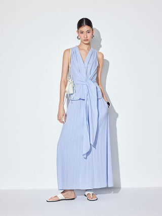 Textured Cotton-blend V-neck Tie Front Top & Mid Rise Maxi Skirt Set