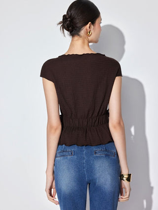 Textured Boat Neck Ruffled Peplum Hem Tie Side Top