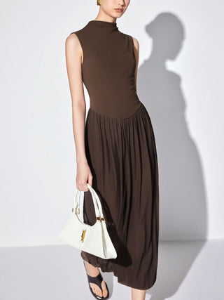 Textured High Neck Draped Straight Maxi Dress