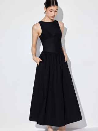 Cotton Boat Neck Ruched Low Rise A-line Maxi Dress