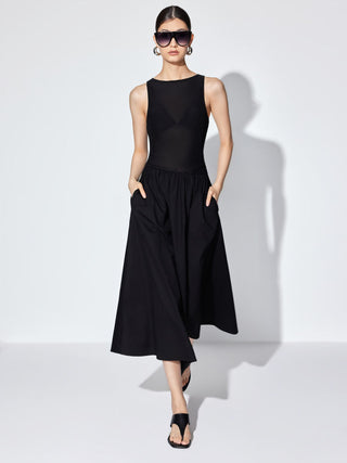 Cotton Boat Neck Ruched Low Rise A-line Maxi Dress