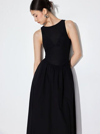 Cotton Boat Neck Ruched Low Rise A-line Maxi Dress