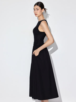 Cotton Boat Neck Ruched Low Rise A-line Maxi Dress