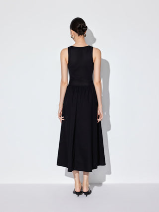 Cotton Boat Neck Ruched Low Rise A-line Maxi Dress