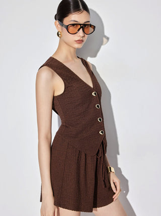 Textured V-neck Metal Detail Top & Mid Rise Drawstring Shorts Set