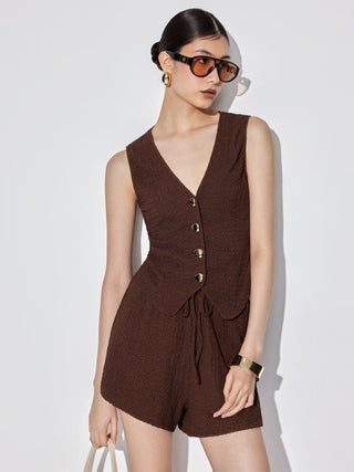 Textured V-neck Metal Detail Top & Mid Rise Drawstring Shorts Set