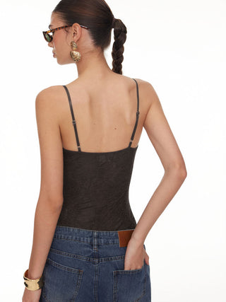 Textured Floral Lace Sweetheart See-Through Cami Bodysuit
