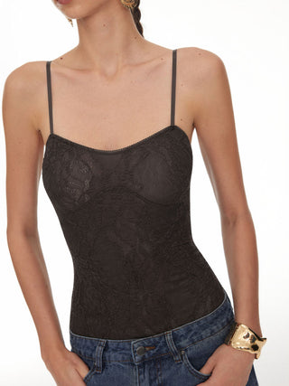 Textured Floral Lace Sweetheart See-Through Cami Bodysuit