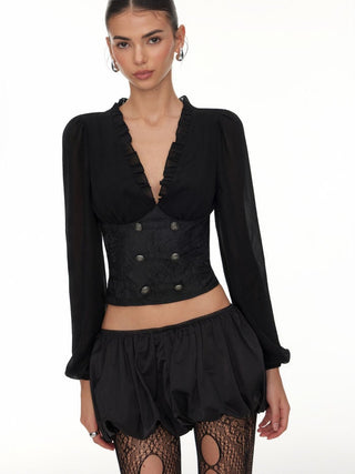 Jacquard Floral V-neck Lantern Sleeve Metal Detail Corset Blouse