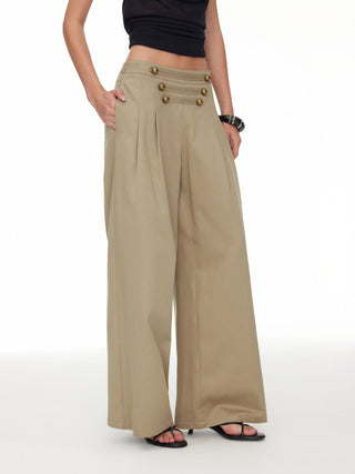 Cotton-blend Low Rise Metal Detail Pleated Wide Leg Trousers