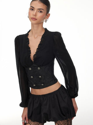 Jacquard Floral V-neck Lantern Sleeve Metal Detail Corset Blouse