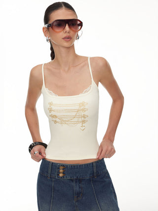 Cotton-blend Chain Graphic Scoop Neck Lace Trim Cami Top