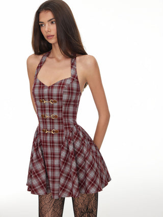 Plaid Halter Neckline Lace Up Milkmaid Mini Dress
