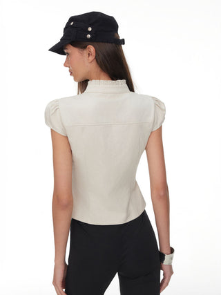 Cotton-blend Mandarin Collar Puff Sleeve Ruffle Double Breasted Top