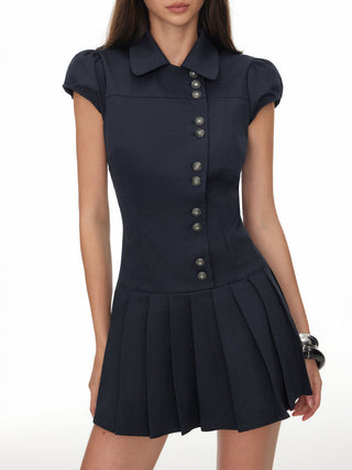 Puff Sleeve Metal Detail Pleated Mini Dress