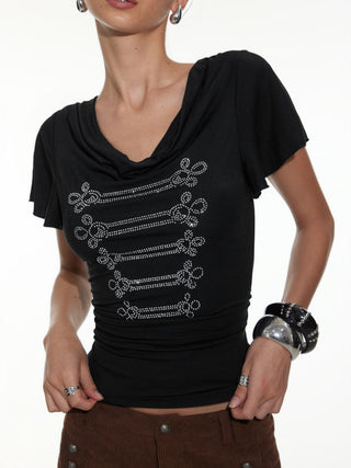 Rhinestone Graphic Cowl Neck Ruffle Sleeve Ruched Top
