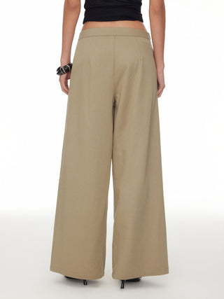 Cotton-blend Low Rise Metal Detail Pleated Wide Leg Trousers
