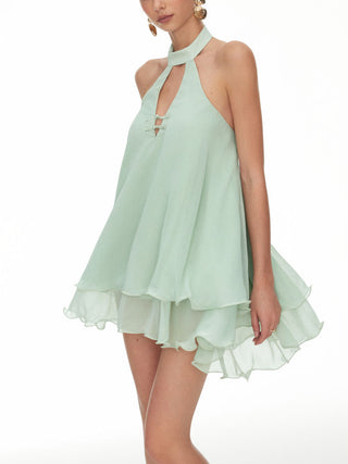Chiffon Stand Collar Cut Out Ruffle Hem Oversized Smock Mini Dress