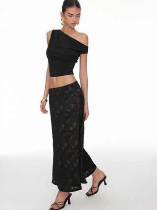 Asymmetrical Neck Ruched Crop Top & Mid Rise Lace Midi Skirt Set