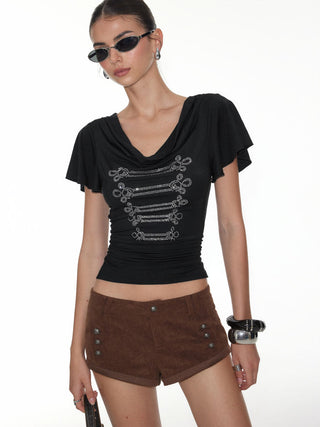 Rhinestone Graphic Cowl Neck Ruffle Sleeve Ruched Top