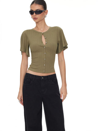 Textured Ruffle Sleeve Cut Out Metal Button Top