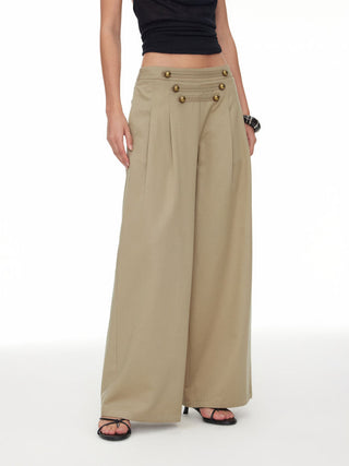 Cotton-blend Low Rise Metal Detail Pleated Wide Leg Trousers