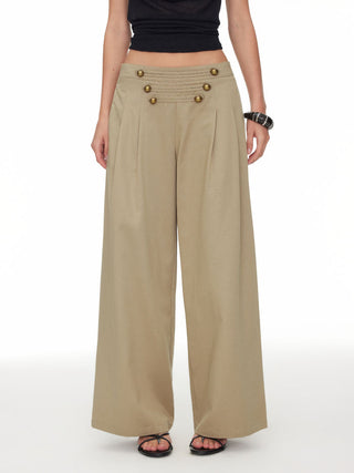 Cotton-blend Low Rise Metal Detail Pleated Wide Leg Trousers