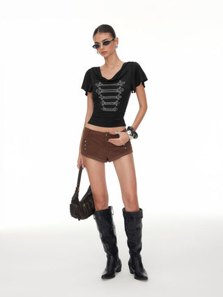 Rhinestone Graphic Cowl Neck Ruffle Sleeve Ruched Top
