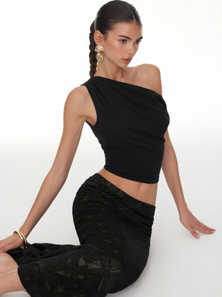 Asymmetrical Neck Ruched Crop Top & Mid Rise Lace Midi Skirt Set