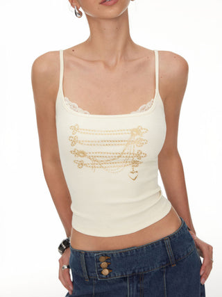 Cotton-blend Chain Graphic Scoop Neck Lace Trim Cami Top