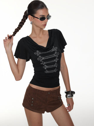 Rhinestone Graphic Cowl Neck Ruffle Sleeve Ruched Top