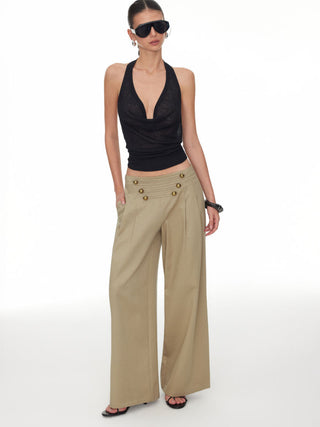 Cotton-blend Low Rise Metal Detail Pleated Wide Leg Trousers
