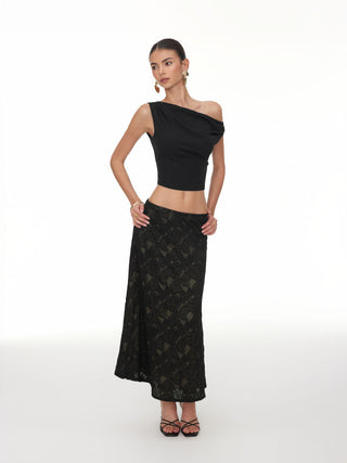 Asymmetrical Neck Ruched Crop Top & Mid Rise Lace Midi Skirt Set