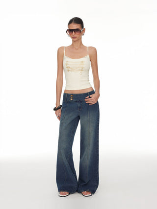 Cotton-blend Chain Graphic Scoop Neck Lace Trim Cami Top