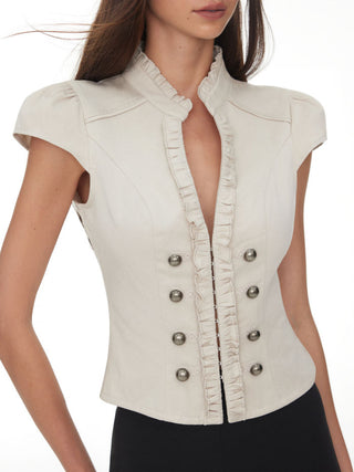 Cotton-blend Mandarin Collar Puff Sleeve Ruffle Double Breasted Top