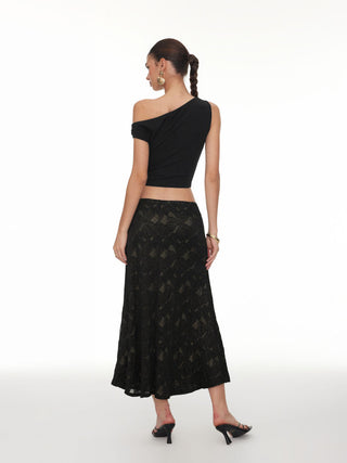 Asymmetrical Neck Ruched Crop Top & Mid Rise Lace Midi Skirt Set