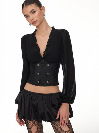 Jacquard Floral V-neck Lantern Sleeve Metal Detail Corset Blouse