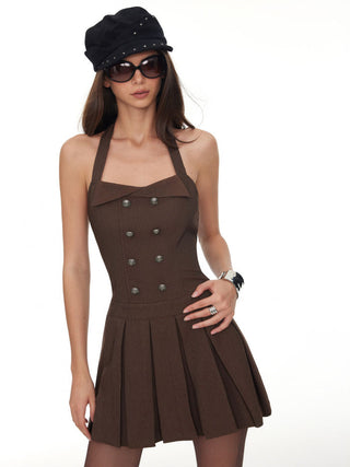 Halter Neckline Metal Button Pleated Mini Dress