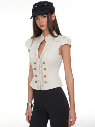 Cotton-blend Mandarin Collar Puff Sleeve Ruffle Double Breasted Top