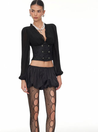 Jacquard Floral V-neck Lantern Sleeve Metal Detail Corset Blouse