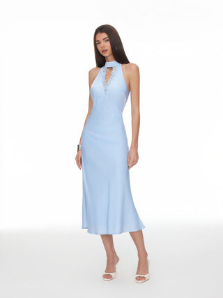 Satin Halter Neckline Lace Panel Backless Mermaid Maxi Dress