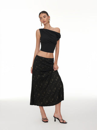 Asymmetrical Neck Ruched Crop Top & Mid Rise Lace Midi Skirt Set