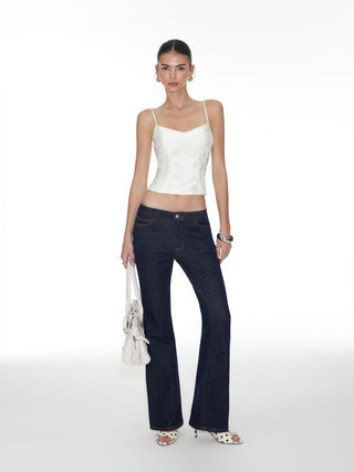 Jacquard Sweetheart Neck Button Detail Corset Crop Cami Blouse
