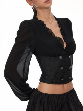 Jacquard Floral V-neck Lantern Sleeve Metal Detail Corset Blouse