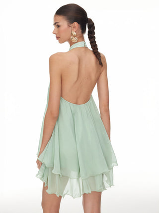 Chiffon Stand Collar Cut Out Ruffle Hem Oversized Smock Mini Dress