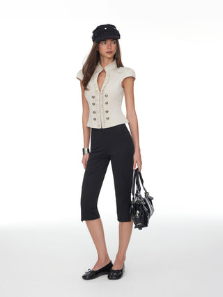 Cotton-blend Mandarin Collar Puff Sleeve Ruffle Double Breasted Top