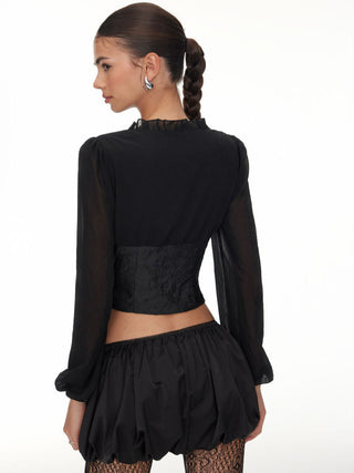 Jacquard Floral V-neck Lantern Sleeve Metal Detail Corset Blouse
